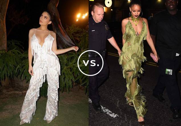 <strong>Kylie Jenner</strong> veste<strong> The Dolls House Fashion</strong> e<strong> Rihanna</strong> veste <strong>Limpasse</strong>. Sempre ousadas, as duas famosas apostaram em escarpins de veludo com bico fino e rabo de cavalo bem alto para arrematar. Mas enquanto Kylie dispensou outros acessórios, Rihanna investiu em maxicolar no mesmo tom da roupa, batom escuro e brincos de argolas. <strong>Kylie Jenner</strong> veste<strong> The Dolls House Fashion</strong> e<strong> Rihanna</strong> veste <strong>Limpasse</strong>. Sempre ousadas, as duas famosas apostaram em escarpins de veludo com bico fino e rabo de cavalo bem alto para arrematar. Mas enquanto Kylie dispensou outros acessórios, Rihanna investiu em maxicolar no mesmo tom da roupa, batom escuro e brincos de argolas.