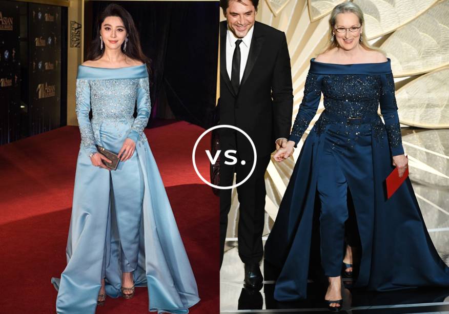 <strong>Fan Bingbing</strong> e<strong> Meryl Streep</strong> vestem <strong>Elie Saab Couture</strong>. O macacão com cauda longa foi a escolha das atrizes para deixar o vestido longo de lado e atualizar o visual de gala. Sempre romântica, a chinesa preferiu a versão azul-clara do modelo de alta-costura. Já a norte-americana, com seu estilo mais maduro, preferiu o marinho. Brincos de tamanho médio e peep toes arremataram as duas produções.