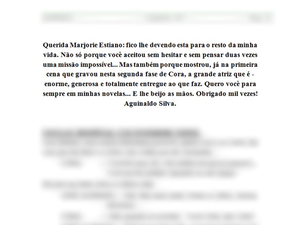 Bilhete de Aguinaldo Silva para Marjorie Estiano