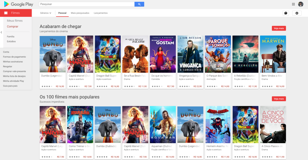 Interface do Google Play, que também reúne filmes em seu catálogo.