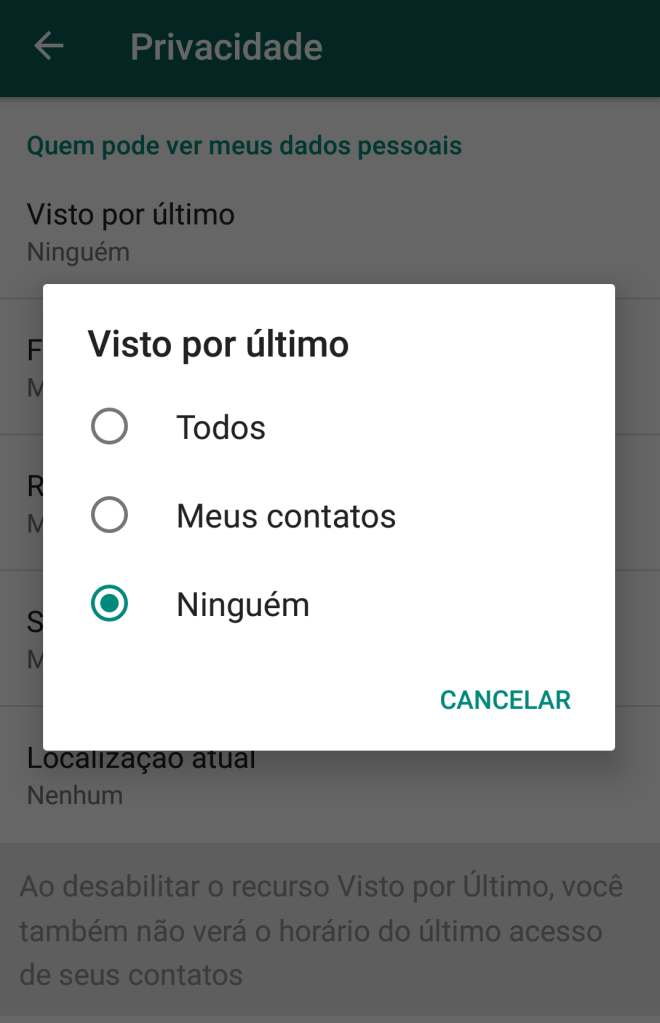 como desativar visto por ultimo no whatsapp