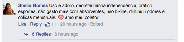 Divulgação Facebook Depoimento sobre coletor menstrual