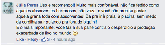 Divulgação Facebook Depoimento sobre coletor menstrual