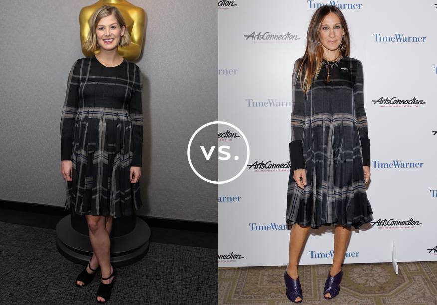 <strong>Rosamund Pike</strong> e<strong> Sarah Jessica Parker</strong> vestem <strong>Vera Wang</strong>. Nas duas ocasiões, o vestido xadrez foi acompanhado de sapatos pesados. <strong>Rosamund Pike</strong> e<strong> Sarah Jessica Parker</strong> vestem <strong>Vera Wang</strong>. Nas duas ocasiões, o vestido xadrez foi acompanhado de sapatos pesados.
