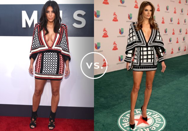 <strong>Kim Kardashian</strong> e <strong>Alessandra Ambrósio</strong> vestem <strong>Balmain</strong>. Alessandra apostou no vestido de mangas longas. Assim, o look fica um pouco mais equilibrado. Kim, que adora um visual ousado, deixou mais pele à mostra.