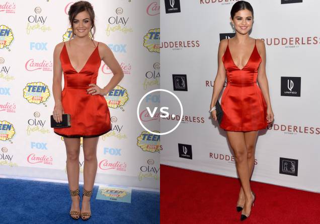 <strong>Lucy Hale</strong> e <strong>Selena Gomez</strong> vestem <strong>Dior</strong>. Enquanto Lucy preferiu arrematar o vestido vermelho com uma sandália de spikes, Selena foi de escarpim preto com detalhe de plástico. <strong>Lucy Hale</strong> e <strong>Selena Gomez</strong> vestem <strong>Dior</strong>. Enquanto Lucy preferiu arrematar o vestido vermelho com uma sandália de spikes, Selena foi de escarpim preto com detalhe de plástico.