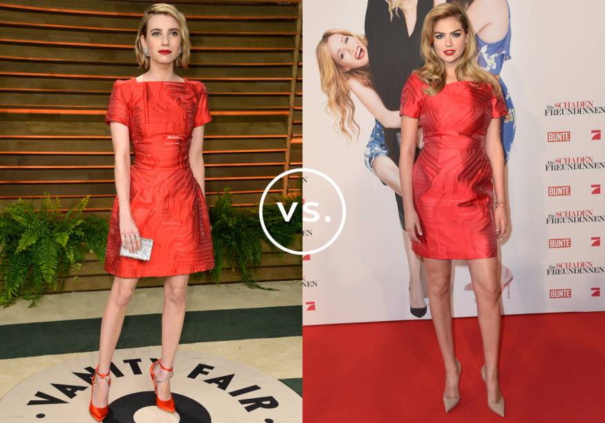 <strong>Emma Roberts</strong> e <strong>Kate Upton </strong>vestem <strong>Fendi</strong>. O vermelho do vestido não foi suficiente para as famosas, que optaram por arrematar o look com batom da mesma cor. Emma foi ainda mais longe e escolheu sapatos também carmim.