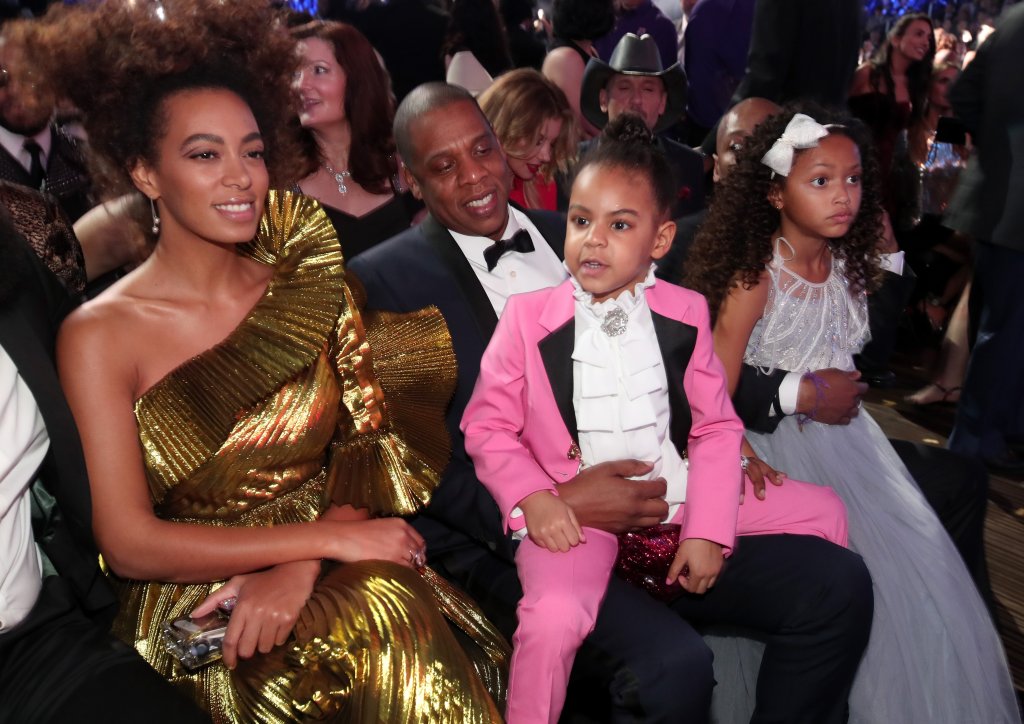 LOS ANGELES, CA - FEBRUARY 12: (L-R) Solange Knowles, hip hop artist Jay-Z and daughter Blue Ivy Carter during The 59th GRAMMY Awards at STAPLES Center on February 12, 2017 in Los Angeles, California. (Photo by Christopher Polk/Getty Images for NARAS)