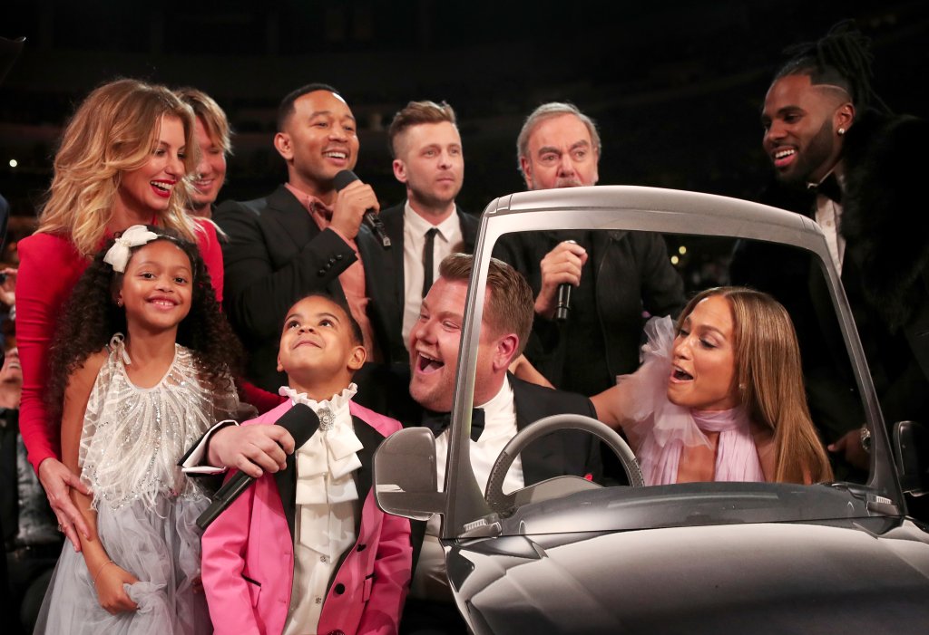 LOS ANGELES, CA - FEBRUARY 12: (L-R) Blue Ivy Carter, Guest, Faith Hill, Keith Urban, John Legend, GRAMMY Awards host James Corden, Ryan Tedder of OneRepublic, Neil Diamond, Jennifer Lopez and Jason Derulo during The 59th GRAMMY Awards at STAPLES Center on February 12, 2017 in Los Angeles, California. (Photo by Christopher Polk/Getty Images for NARAS)
