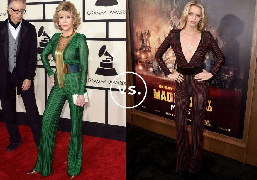 <strong>Jane Fonda</strong> e<strong> Abbey Lee</strong> vestem <strong>Balmain</strong>. Jane destacou-se no tapete vermelho vestindo o macacão na versão verde. O colar dourado com franjas superlongas escondeu o decote e deixou o visual elegante. Abbey, no entanto, foi de vermelho e optou por arrematar o look com crucifixo.