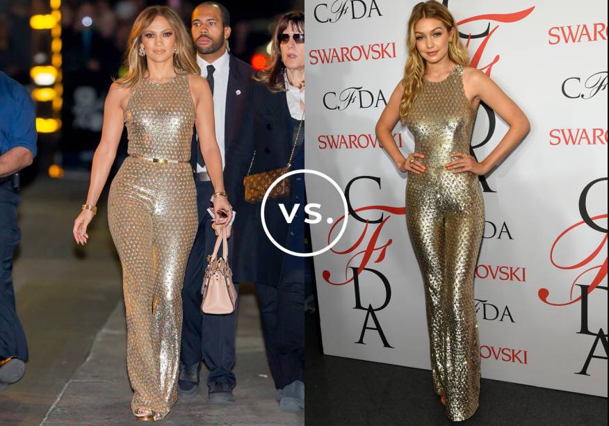 <strong>Jennifer Lopez</strong> e <strong>Gigi Hadid </strong>vestem <strong>Michael Kors</strong>. Enquanto a cantora arrematou o macacão dourado com maxibrincos, dupla de pulseiras idênticas e sapatos metalizados, a modelo investiu em complementos discretos e deixou a peça marcante brilhar sozinha.