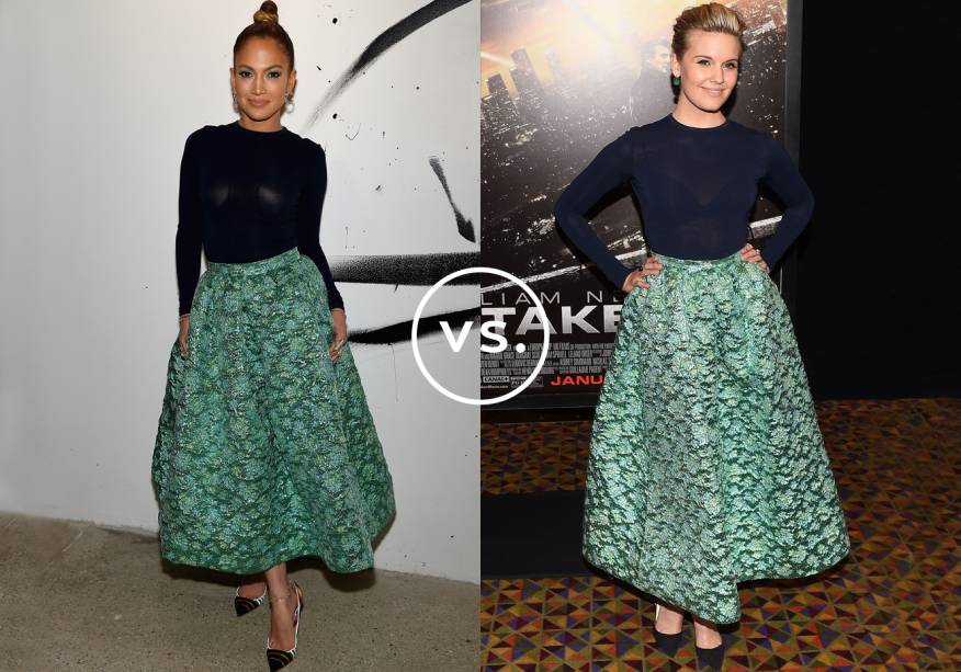 <strong>Jennifer Lopez</strong> e <strong>Maggie </strong><span><strong>Grace</strong> v</span>estem <strong>Christian Siriano</strong>. Jennifer apostou no look composto por saia ampla e top azul-marinho para um evento em Nova York. Porém, a cantora errou na escolha do sutiã, deixando o modelo nude aparente na luz dos flashes. Duas semanas antes, a atriz Maggie usou a mesma produção e, assim como JLo, também optou por arrematar com escarpins.