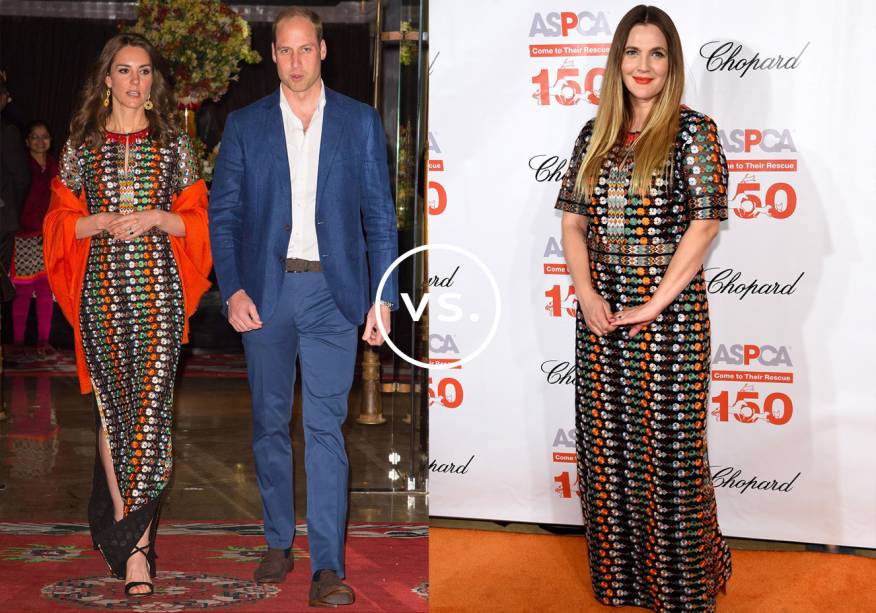 <strong>Kate Middleton</strong> e <strong>Drew Barrymore</strong> vestem <strong>Tory Burch</strong>. A duquesa de Cambridge e a atriz norte-americana foram fotografadas usando o vestido bordado no mesmo dia. Kate, em jantar com a realeza do Butão; Drew, em uma festa em Nova York.