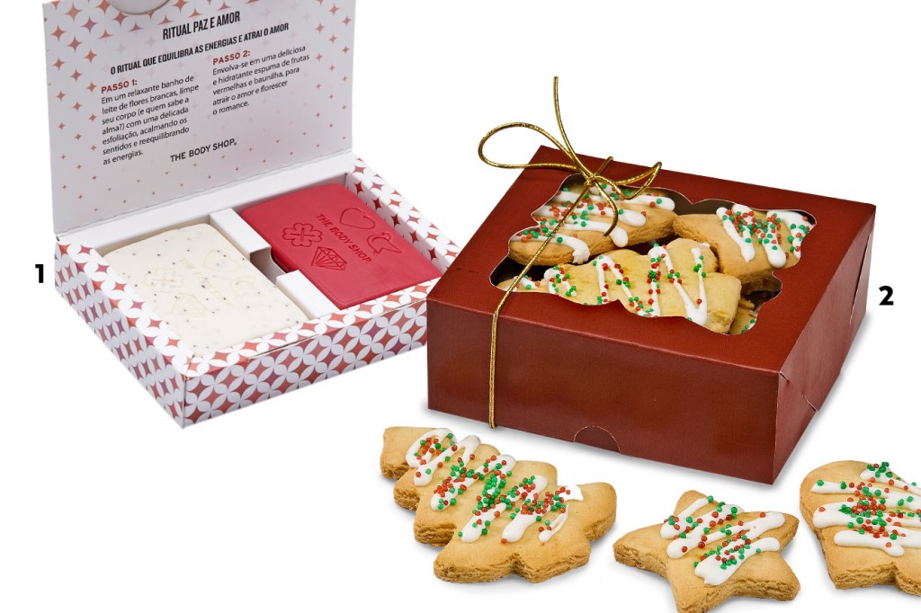 Caixa de sabonetes e caixa de biscoitos em forma de árvore de Natal para dar de presente