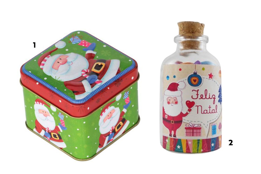 Caixinha com estampa de Papai Noel e garrafinha de Natal personalizada - ideias de lembrancinhas de Natal