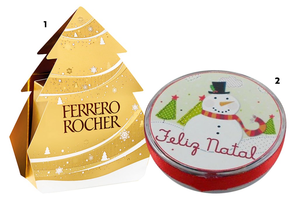 Pinheiro de chocolate com três bombons e latinha de presente para personalizar - ideias de lembrancinhas de Natal
