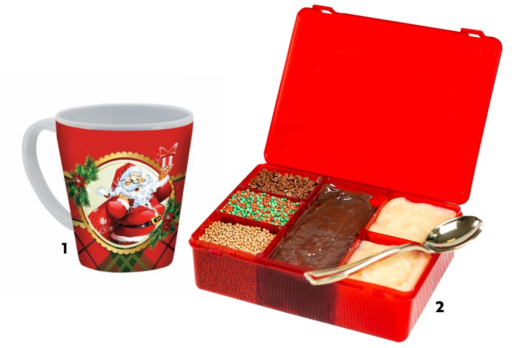 Caneca de Papai Noel e caixa com diferentes tipos de brigadeiro de colher