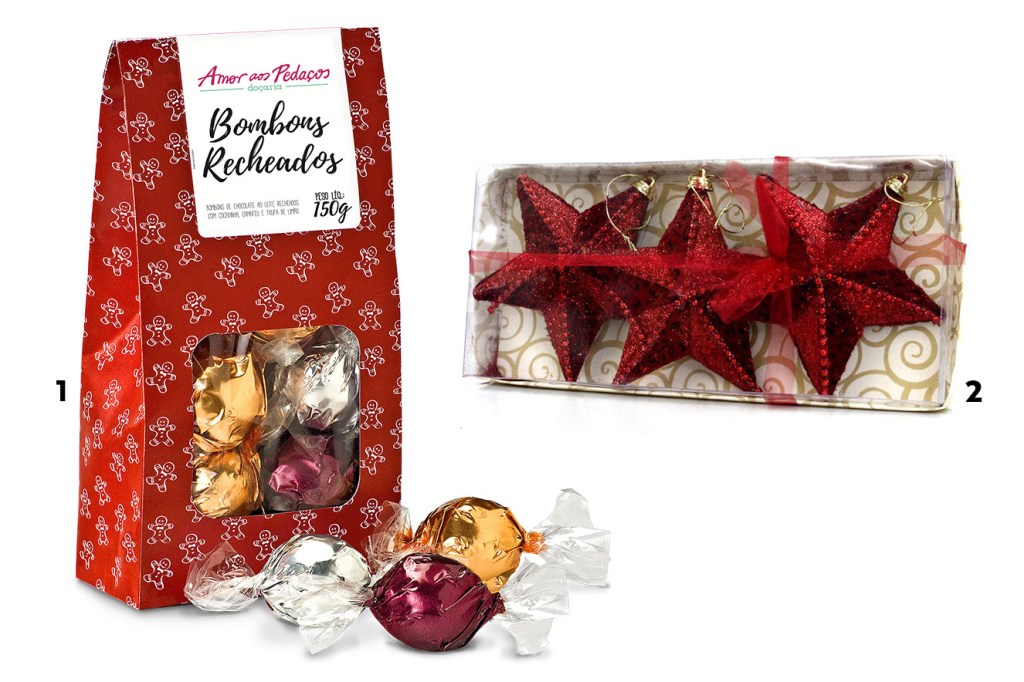 Caixa de bombons sortidos e kit com 3 estrelas decorativas para a árvore - ideias de lembrancinhas de Natal