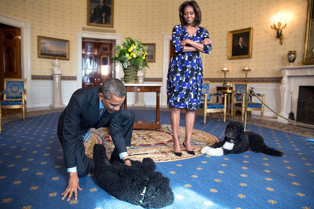 Barack Obama e Michelle Obama brincando com os mascotes, Sunny and Bo.