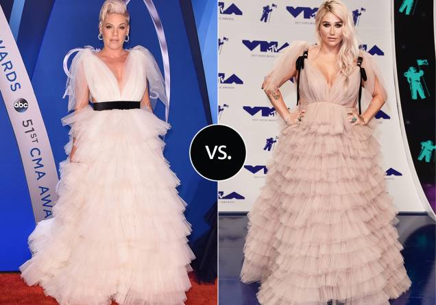 <strong>Pink </strong>e<strong> Kesha </strong>vestem <strong>Monsoori</strong>. As duas escolherem o look cheio de tules para duas premiações. Pink usou o look no CMA 2017 e Kesha, no VMA deste ano. <strong>Pink </strong>e<strong> Kesha </strong>vestem <strong>Monsoori</strong>. As duas escolherem o look cheio de tules para duas premiações. Pink usou o look no CMA 2017 e Kesha, no VMA deste ano.
