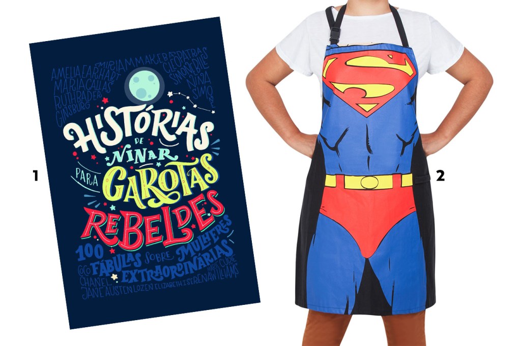 Livro Histórias de Ninar para Garotas Rebeldes e avental super-homem - ideias de presentes criativos de Natal