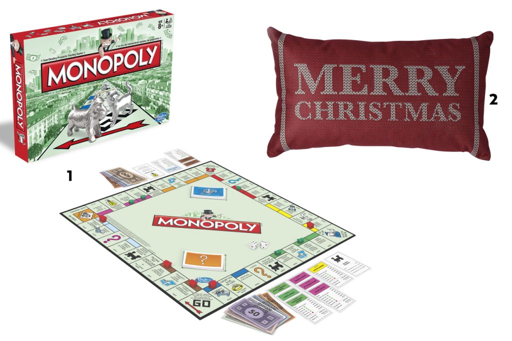 Jogo de tabuleiro Monopoly e almofada temática Merry Christmas - ideias de presentes de Natal criativos