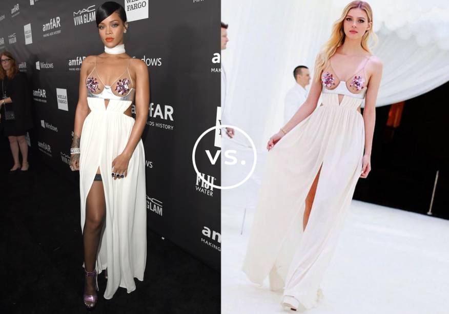 <strong>Rihanna</strong> e <strong>Nicola Peltz </strong>vestem <strong>Tom Ford</strong>. O vestido fluido com transparências nos seios equilibra romantismo e sensualidade com perfeição. Enquanto a cantora combinou a peça com meia-calça e lenço no pescoço, a atriz, discreta, foi de make suave e sandálias brancas.