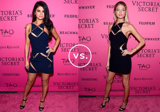 <strong>Selena Gomez</strong> e <strong>Martha Hunt</strong> vestem <strong>Mugler</strong>. Cantora e modelo usaram versões diferentes do mesmo vestido para eventos da Victoria's Secret. Coincidentemente, os sapatos também são parecidos: peep toe com amarração no tornozelo.