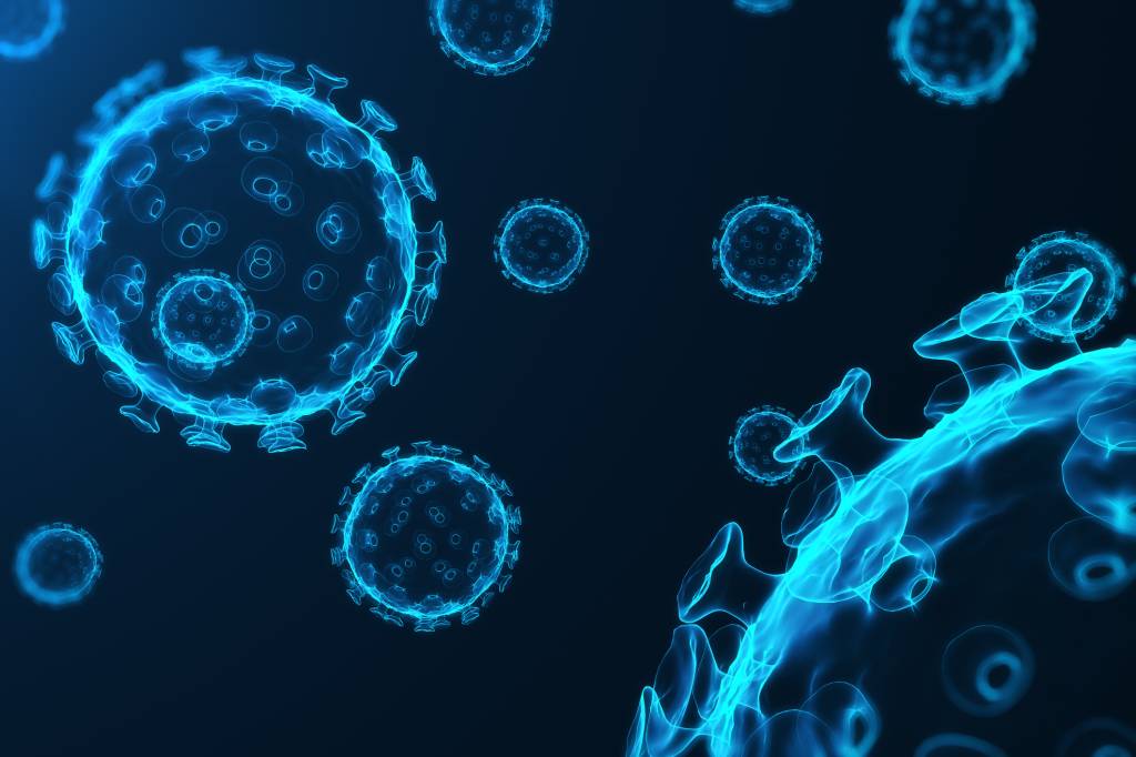 Vacina contra a gripe H1N1 Virus and germs, bacteria, cell infected organism. Influenza Virus H1N1, Swine Flu on abstract background. Blue viruses glowing in attractive colour, 3D rendering