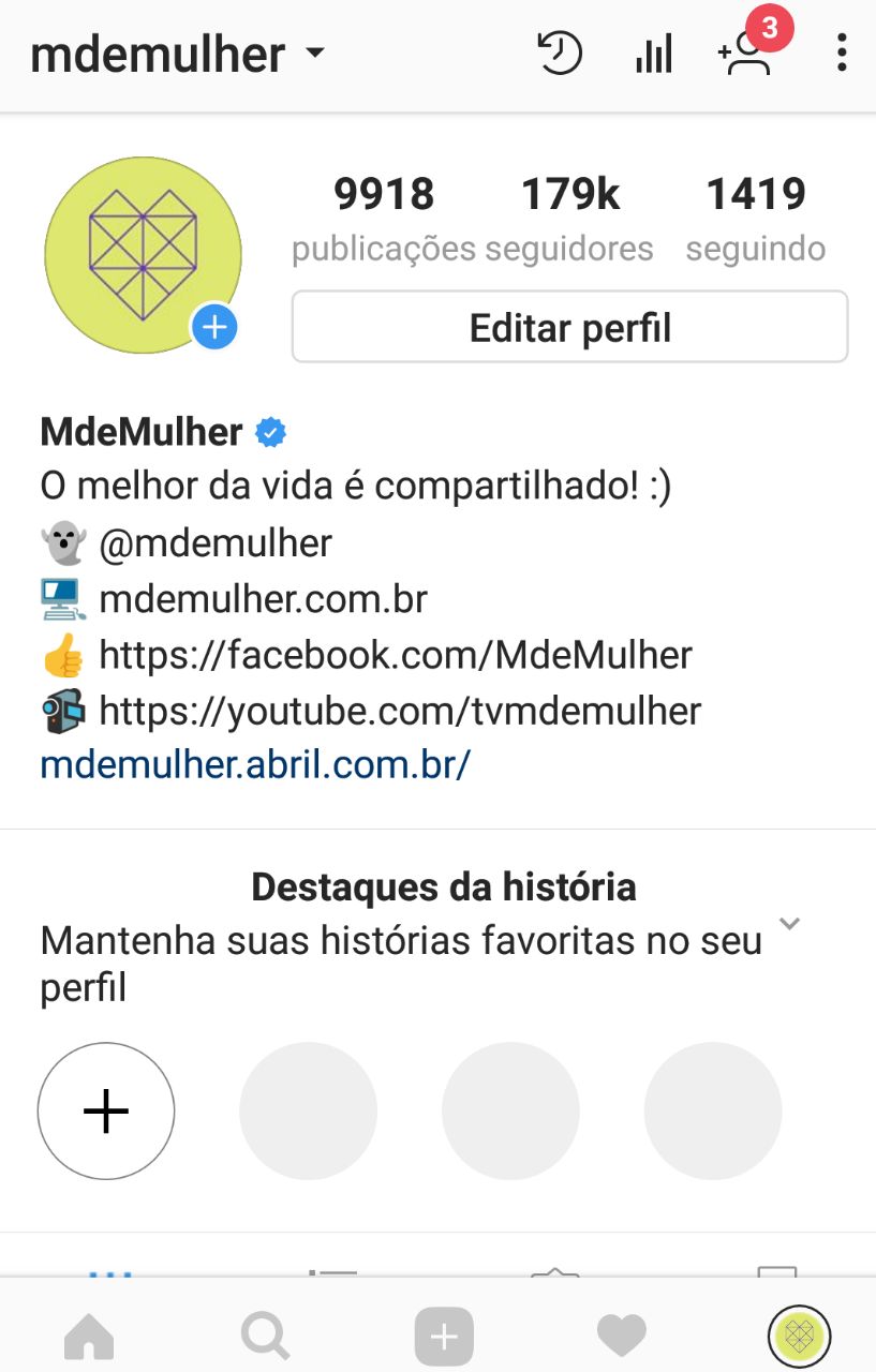Print de tela com o perfil do MdeMulher no Instagram