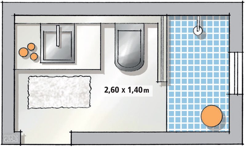 Para ter uma bancada razoável, a saída foi reduzir o tamanho do boxe (0,75 x 1,40 m), que ficou 15 cm mais estreito que o ideal. Dispostas lado a lado, pia e bacia deixam livre a passagem com 85 cm de largura. Projeto do Studio Costa Marques.