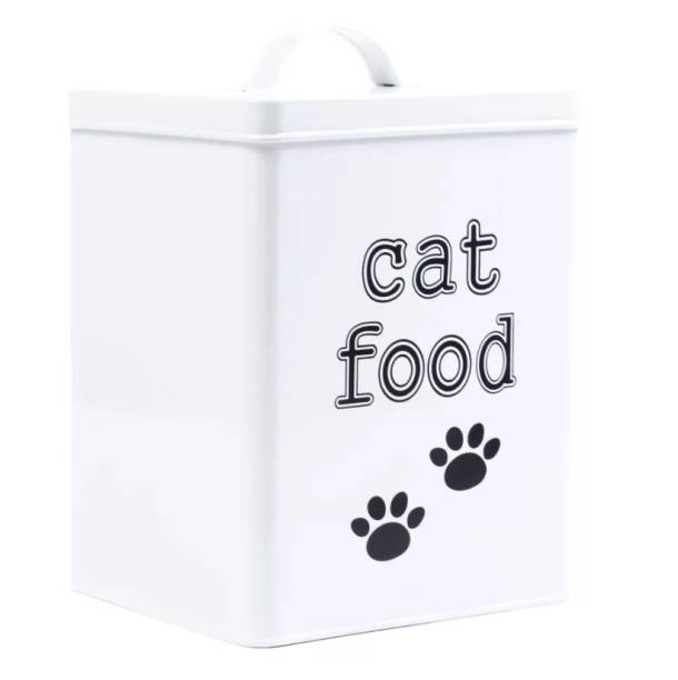 Lata para ração Cat Food (18 x 15,5 x 26 cm), de metal. Bololô, R$ 69,90.