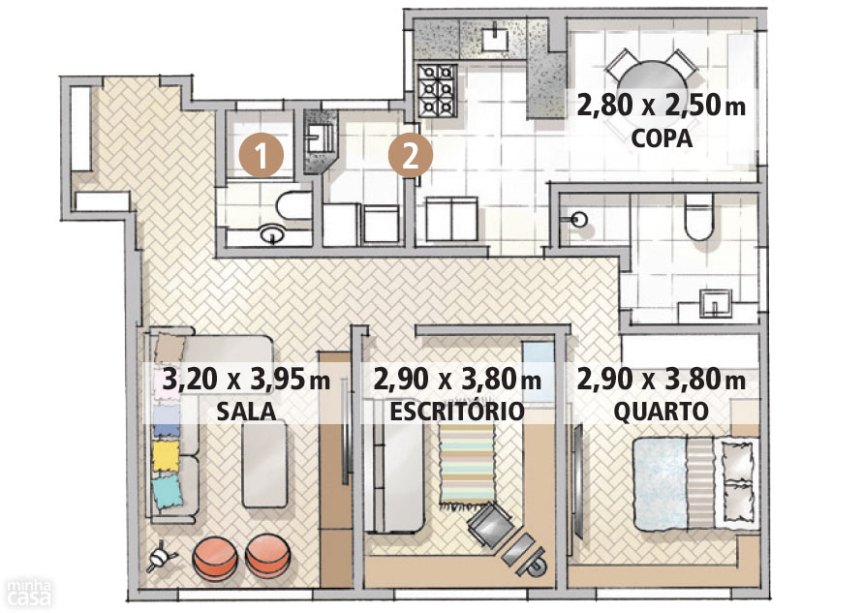 Bem distribuídos, os ambientes não pediram grandes alterações na planta de 85 m², que se revelou o principal atrativo do apartamento. A única mudança no layout original foi a transformação do banheiro de serviço em lavabo (1), agora conectado ao hall. A passagem (2) da cozinha para a lavanderia ganhou uma porta. A copa cumpre a função de sala de jantar.