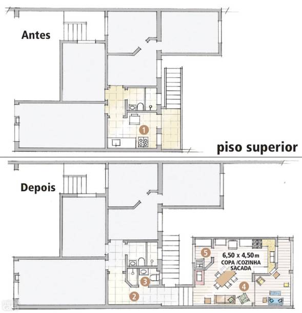 Na construção original, apenas a cozinha de 6 m² (1), sem lugar para uma mesa, foi modificada, transformando-se em corredor (2) e banheiro (3). A cozinha atual (4) mede 17,50 m² e acomoda não só os itens esperados – eletrodomésticos, armários e pia – como também mesa para seis pessoas, fogão a lenha, estofados e TV. Um cômodo (5) com função de minilavanderia e despensa dá apoio ao ambiente principal.