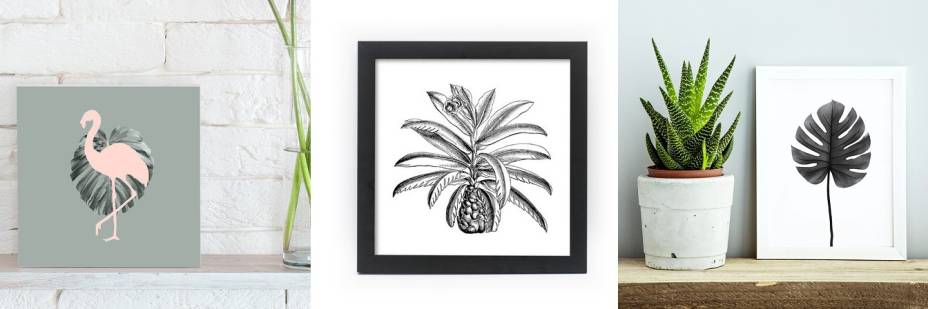 Quadros Tropical Planta, Leaf Flamingo e Monstera Black, de MDF com borda natural, no tamanho 20 x 20 cm. Decohouse, R$ 39,90 cada.