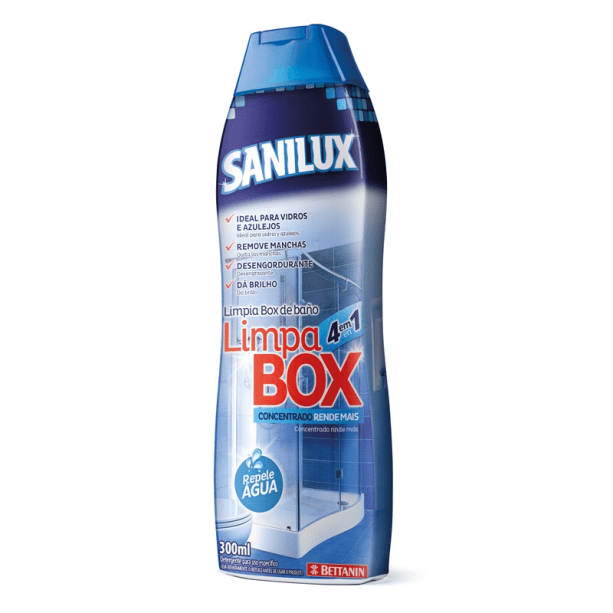 Banheiro brilhando: esqueça as misturinhas caseiras na hora de limpar os vidros e os azulejos. O Sanilux Limpa Box, da Bettanin, dá conta dessas tarefas – basta esfregar o produto com uma esponja. A fórmula promete desengordurar, tirar manchas, dar brilho e repelir a água. Na loja Multiprático , a embalagem de 300 ml sai por R$ 9,90.