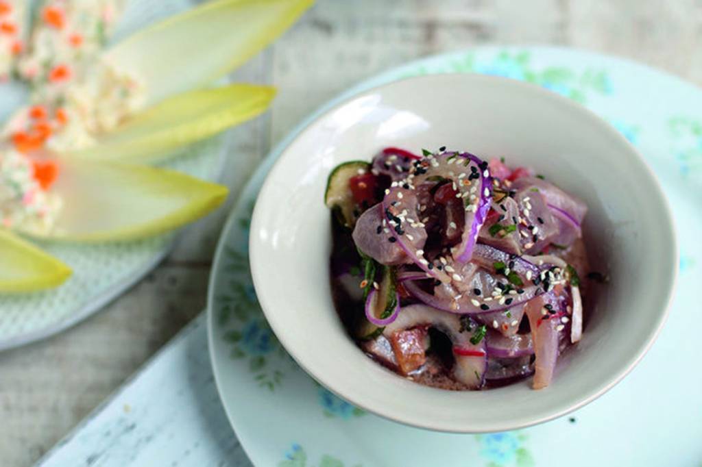 Ceviche de linguado com milho