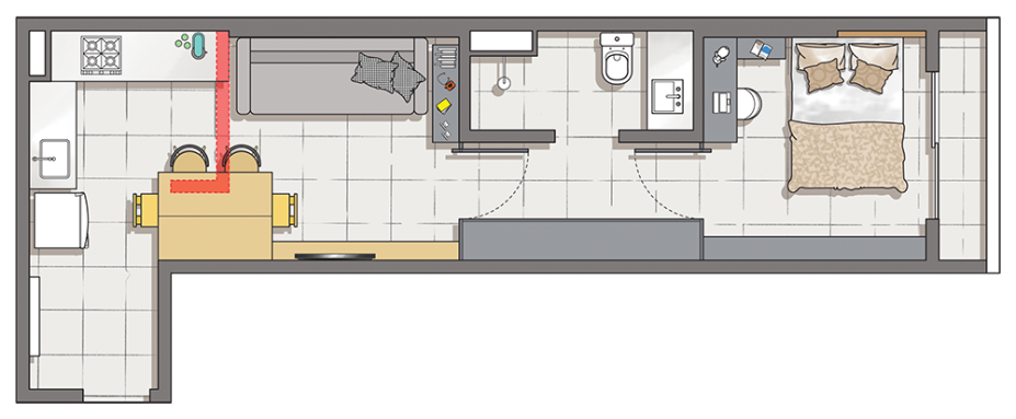 <span>O balcão da cozinha (1) foi derrubado para integrar o ambiente com a sala. O espaço em frente ao banheiro converteu-se em closet (2) e, ao mesmo tempo, transição da ala íntima para a social. Janela (3) só no quarto, que tem um home office (4).</span>