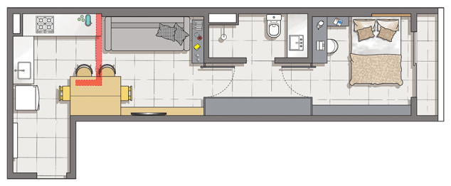 <span>O balcão da cozinha (1) foi derrubado para integrar o ambiente com a sala. O espaço em frente ao banheiro converteu-se em closet (2) e, ao mesmo tempo, transição da ala íntima para a social. Janela (3) só no quarto, que tem um home office (4).</span>