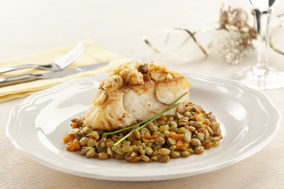 Lombo de bacalhau com ragu de lentilha