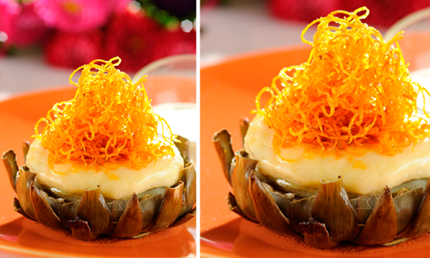 Alcachofra gratinada com brie e molho de limão