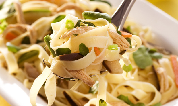 Fettuccine com lascas de frango e legumes