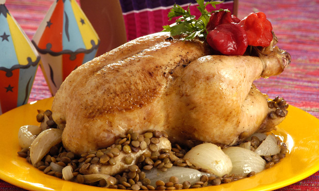 Frango assado com lentilha