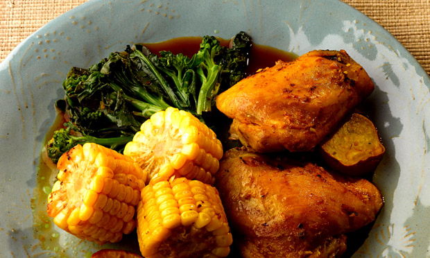 Frango com milho e batata-doce