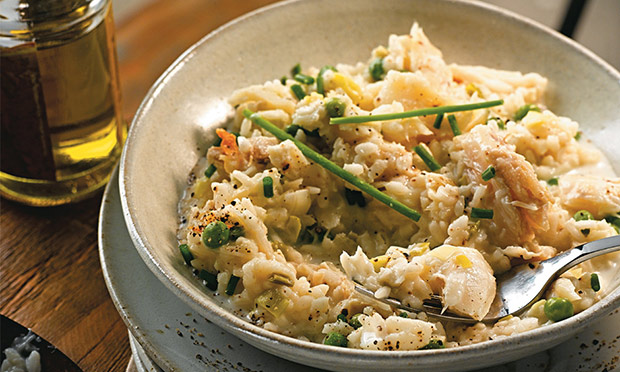 Risoto de bacalhau e alho-poró com azeite trufado