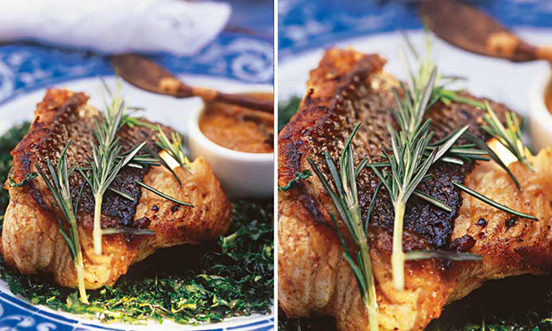 Robalo com couve e chutney de manga