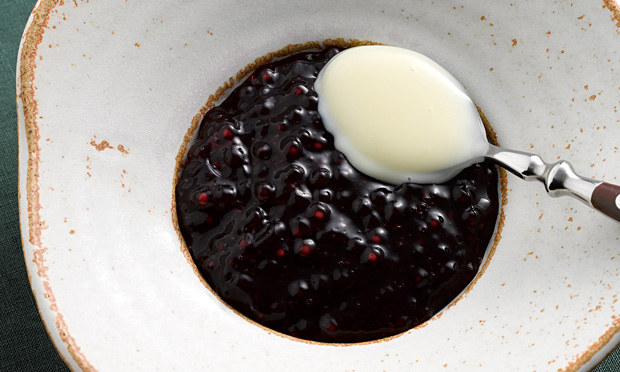 Sagu de vinho com creme de baunilha (rote gruetze)