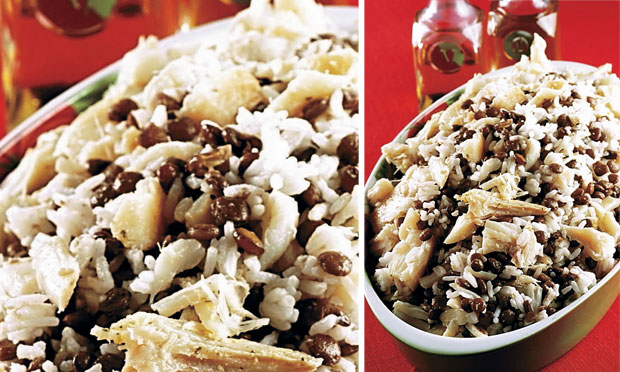 Salada de bacalhau com arroz e lentilha