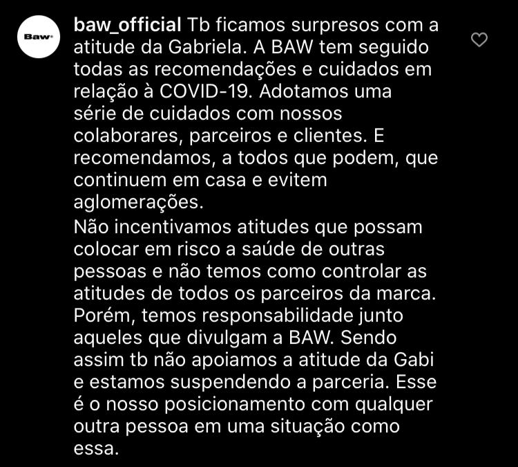 Baw Clothing se posiciona contra as atitudes de Gabriela Pugliesi Baw Clothing se posiciona contra as atitudes de Gabriela Pugliesi