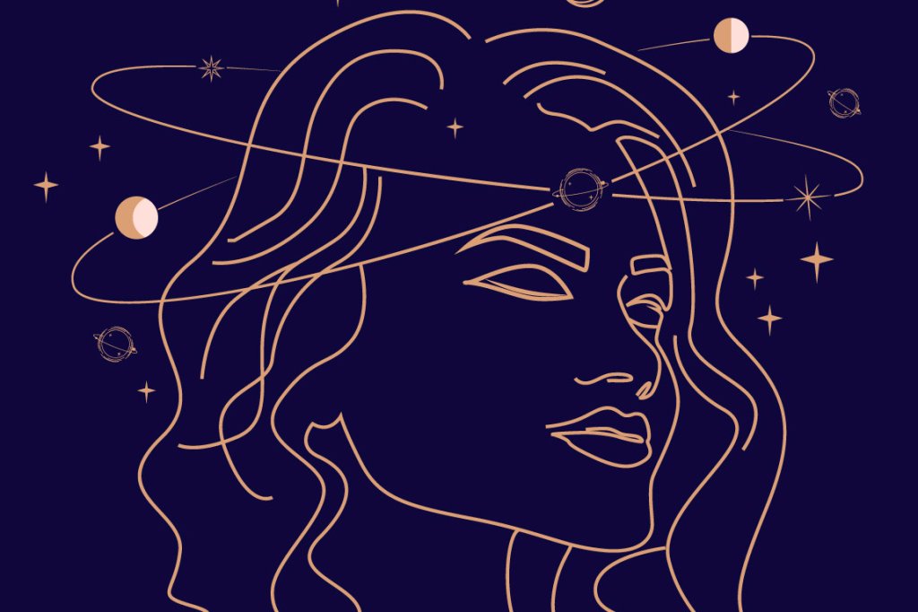 Ilustração sobre astrologia. Mostra uma mulher olhando através de binóculos para o que seria o futuro